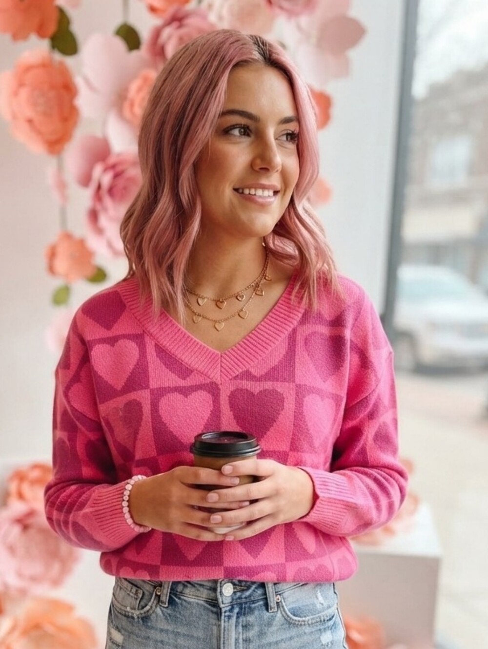 Pink Lily V Neck Heart Pattern Sweater Sz M